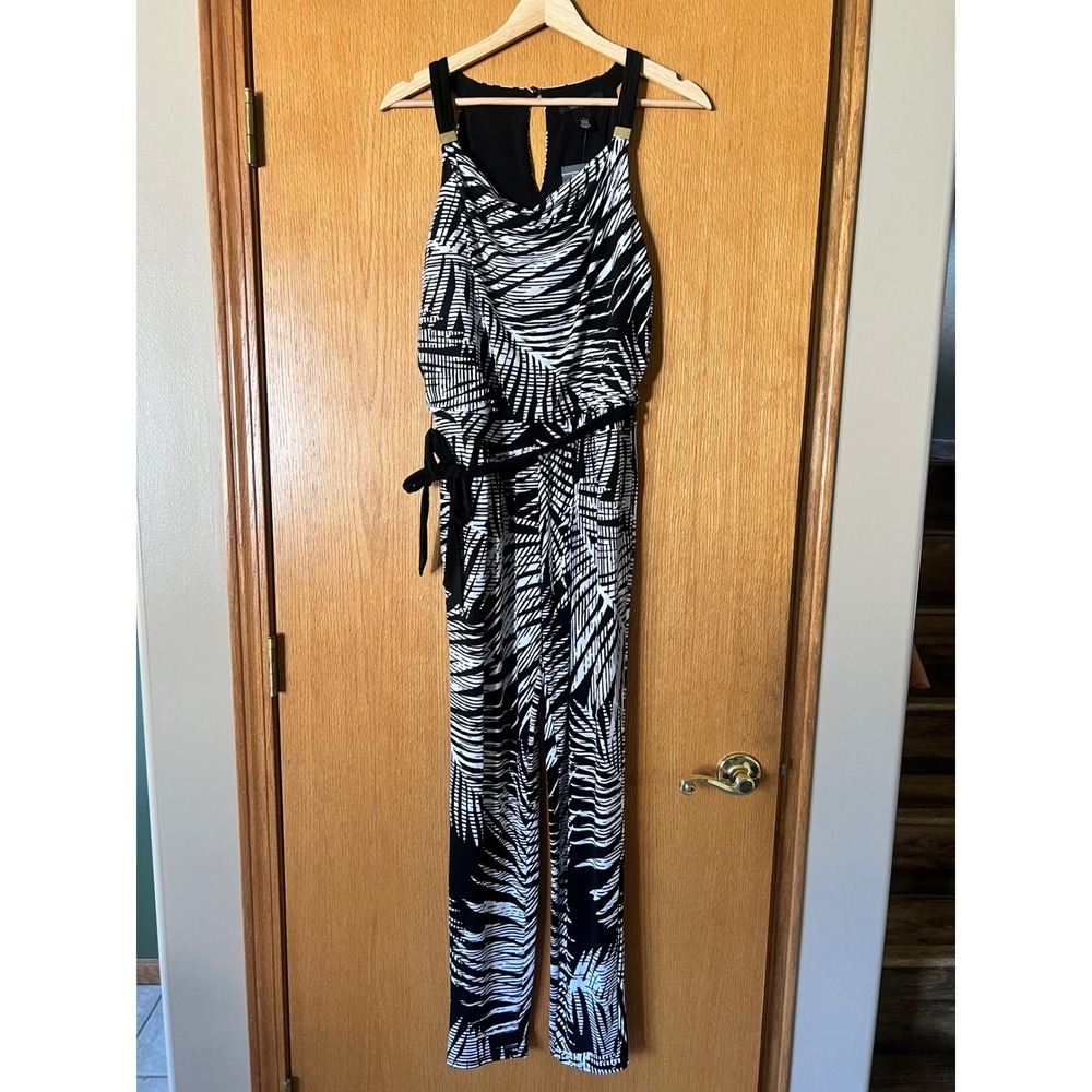 White House Black Market Palm Print Jumpsuit Black White Size 2 modern glam